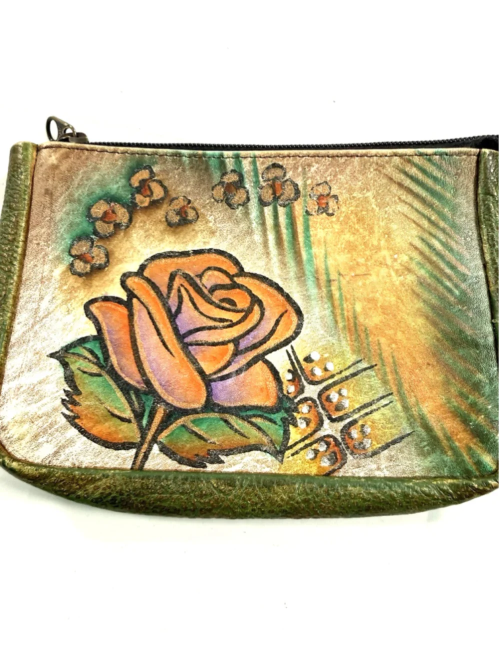 Anuschka Genuine Hand Painted Leather Zip Coin Purse Key Purse Floral